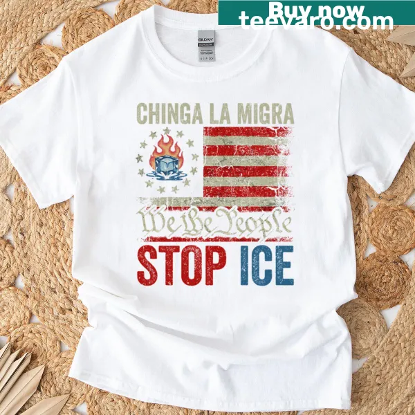 Oversized T-shirt with 'Chinga La Migra Stop ICE' text.