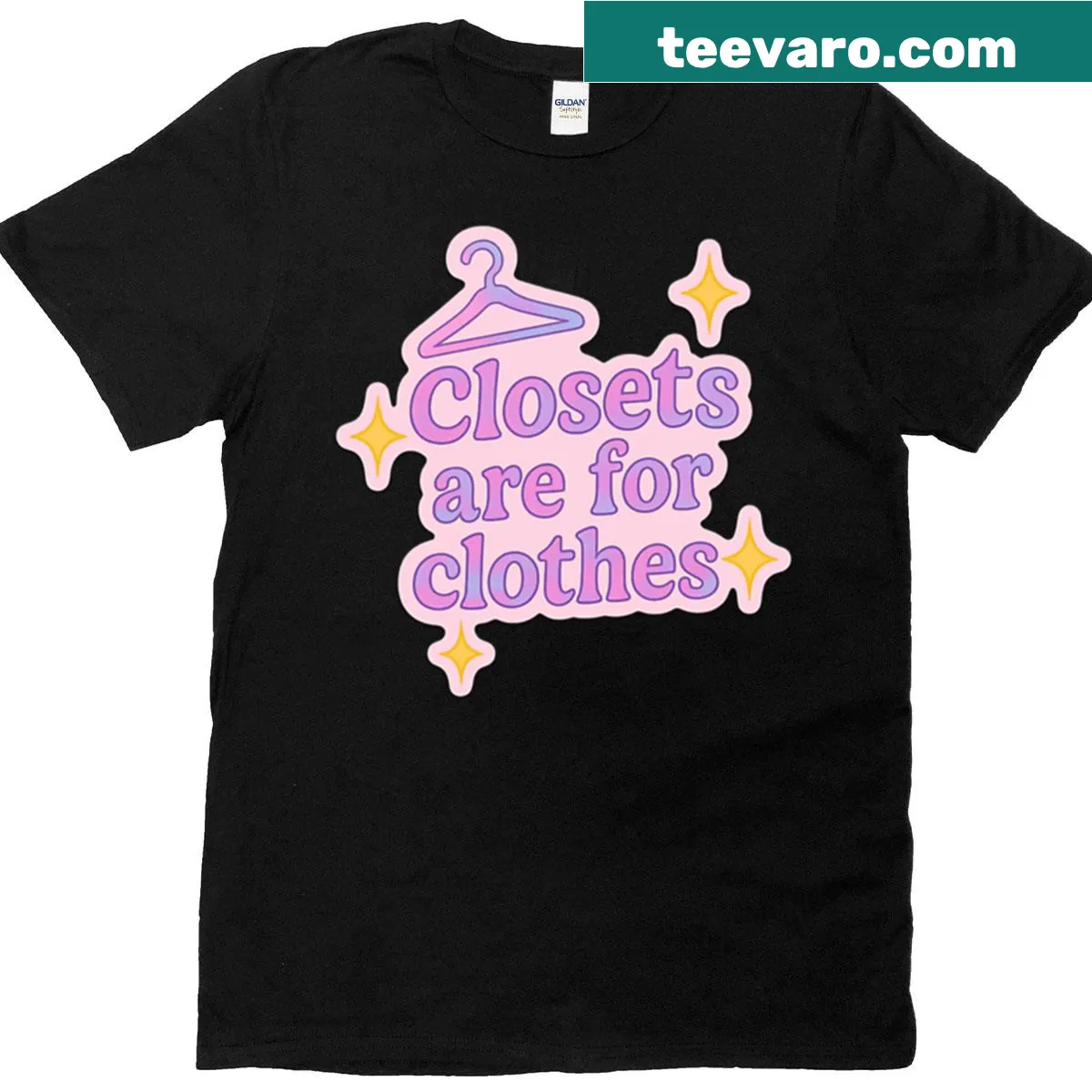 Funny LGBTQ pride tee with 'Closets Are For Clothes' text — on a men's t-shirt