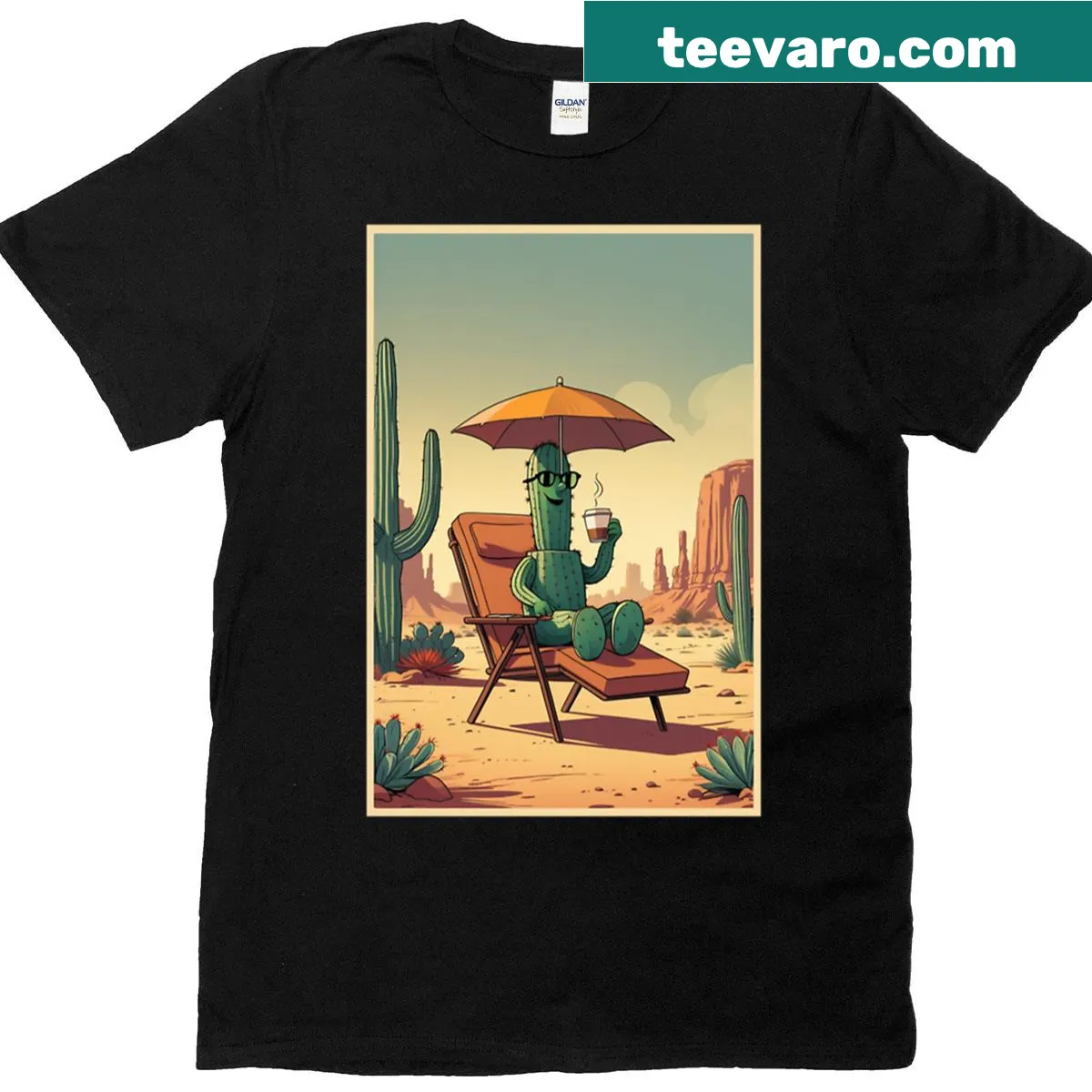 Cartoon cactus enjoying coffee in the desert on T-shirt — on a men's t-shirt