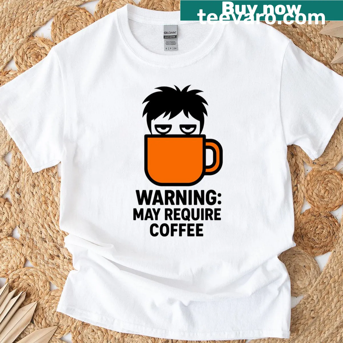 Humorous coffee-themed t-shirt for caffeine lovers with a warning graphic. — on a men's t-shirt