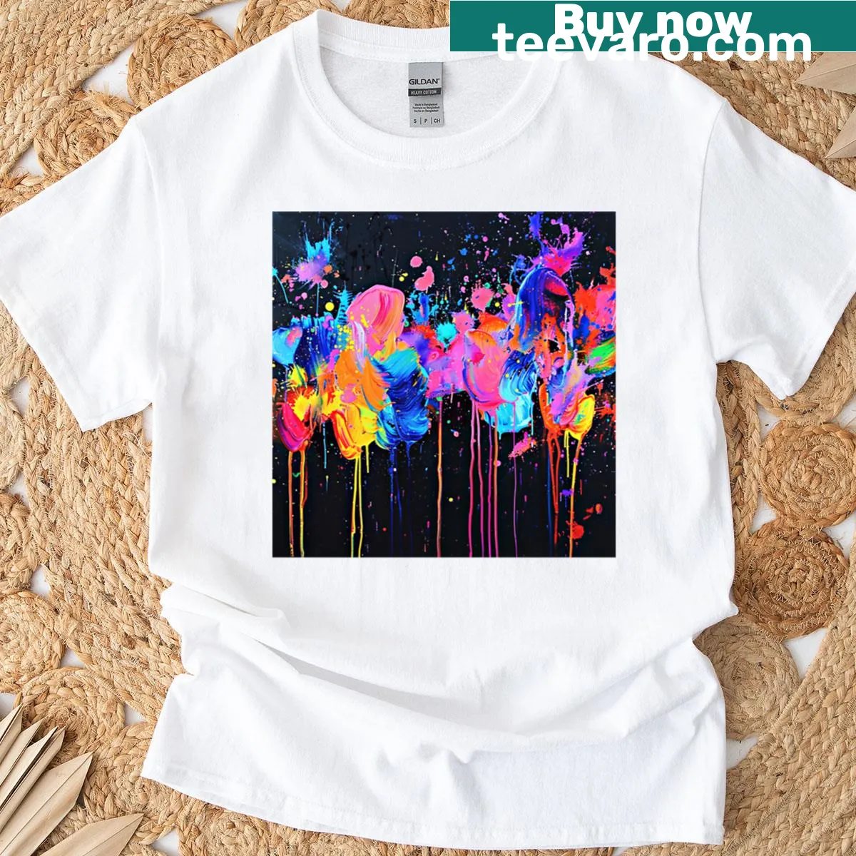 Splatter-style abstract design on T-shirt. — on a men's t-shirt