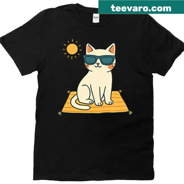 T-shirt with a cartoon cat wearing sunglasses on a beach towel