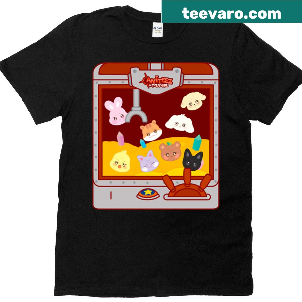 Ateez members in a claw machine cartoon graphic T-shirt — on a men's t-shirt