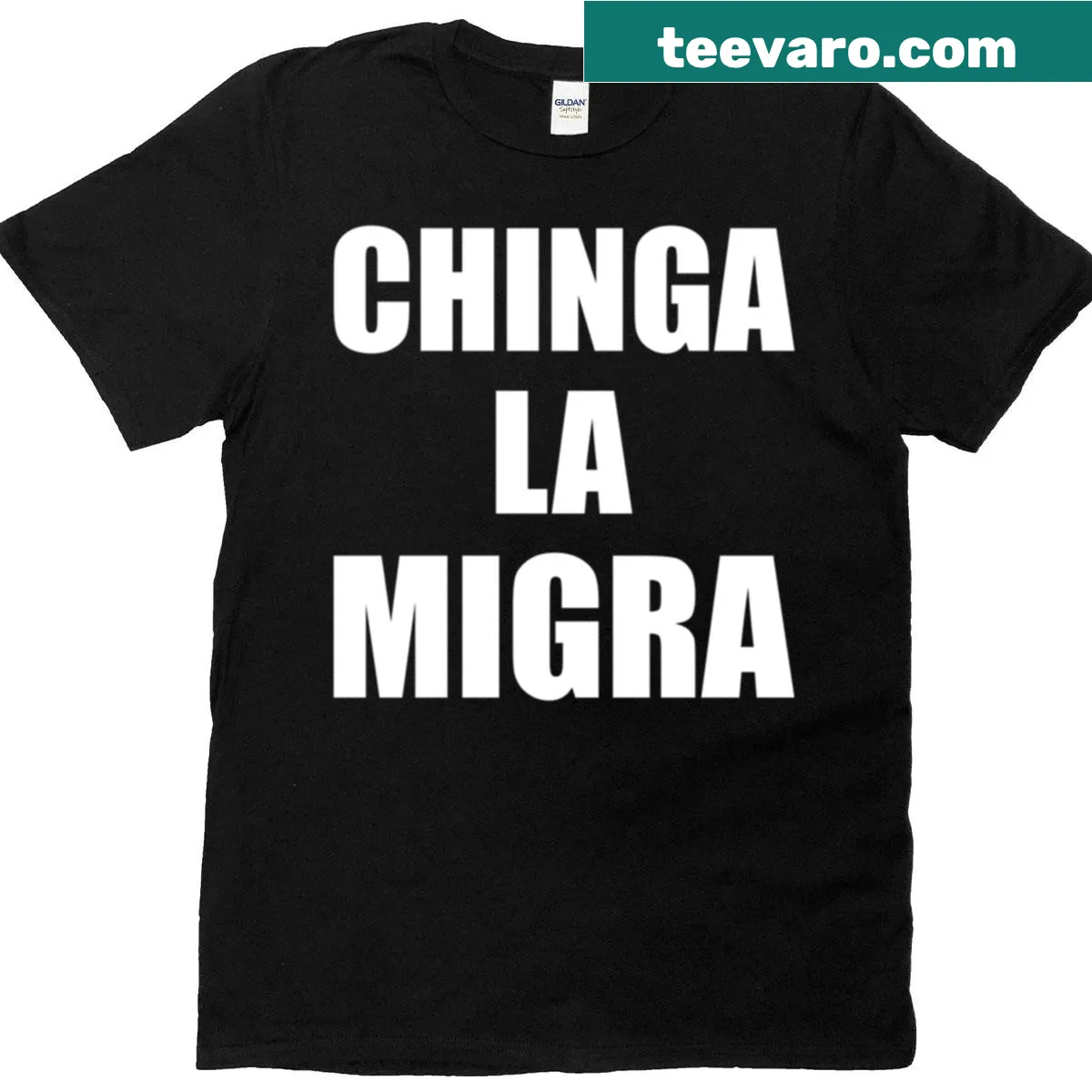 T-shirt with a humorous take on immigration issues featuring 'Chinga La Migra' — on a men's t-shirt