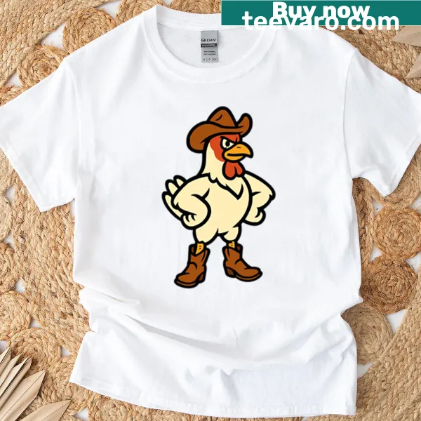 Cartoon chicken dressed as a cowboy on a T-shirt