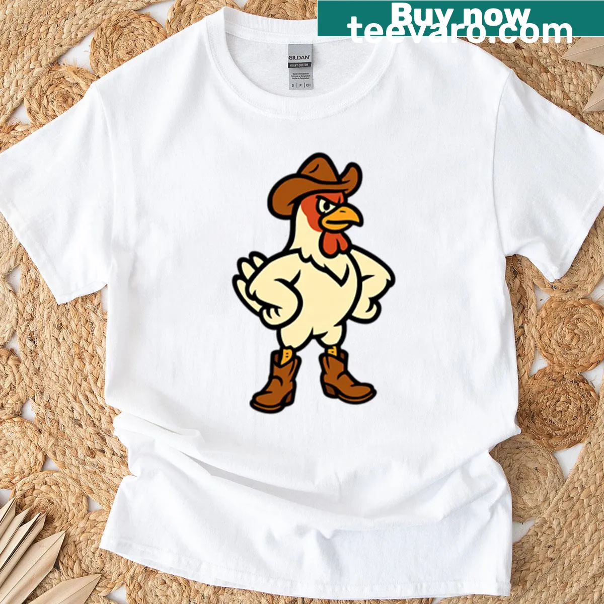 Cartoon chicken dressed as a cowboy on a T-shirt — on a men's t-shirt