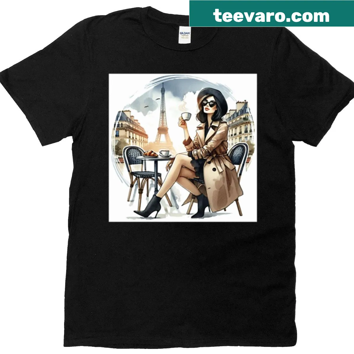 Illustrative t-shirt of a cozy Parisian coffee scene — on a men's t-shirt