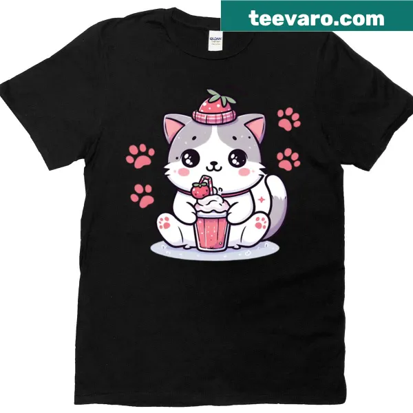 Kawaii kitty design enjoying a strawberry smoothie in pastel colors
