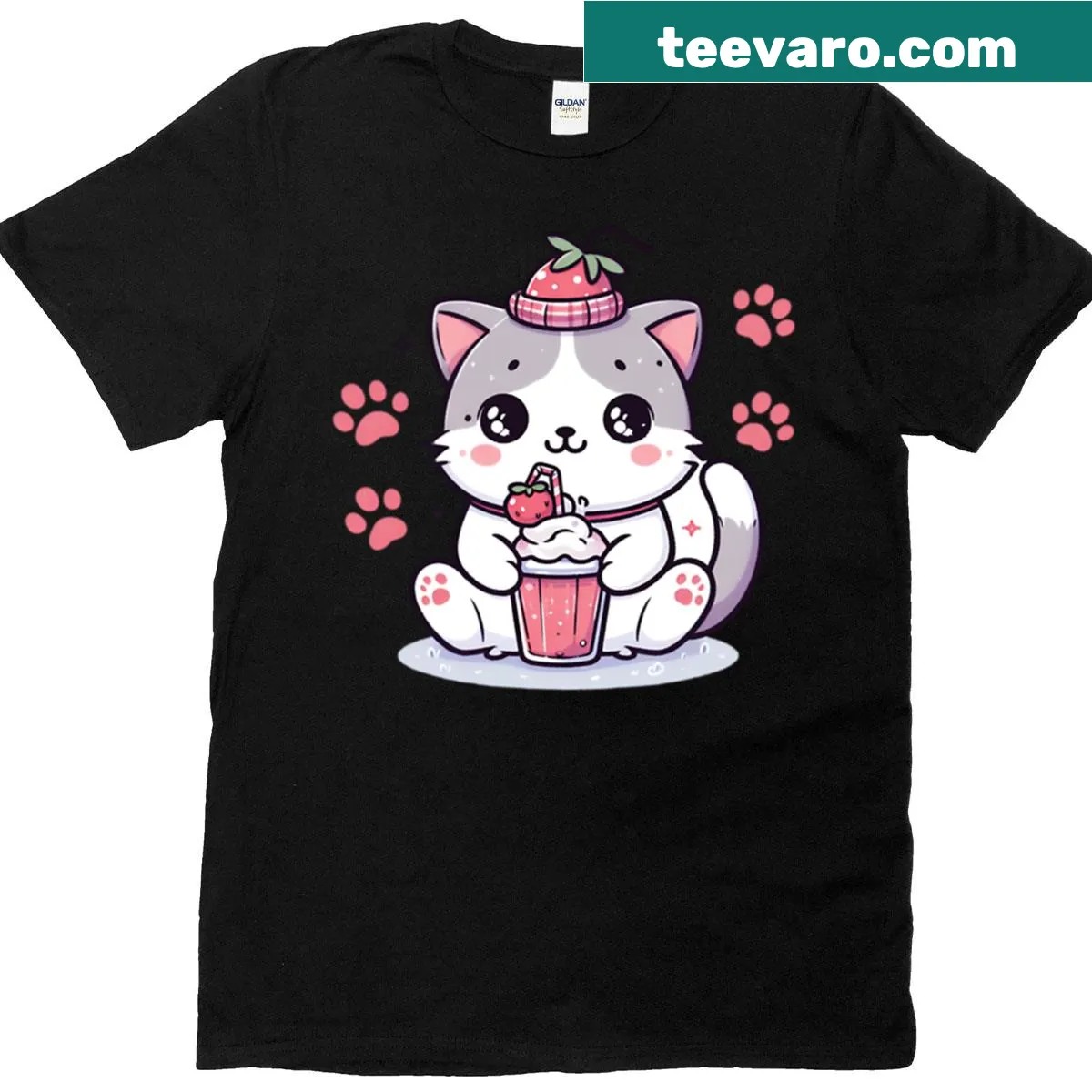 Kawaii kitty design enjoying a strawberry smoothie in pastel colors — on a men's t-shirt