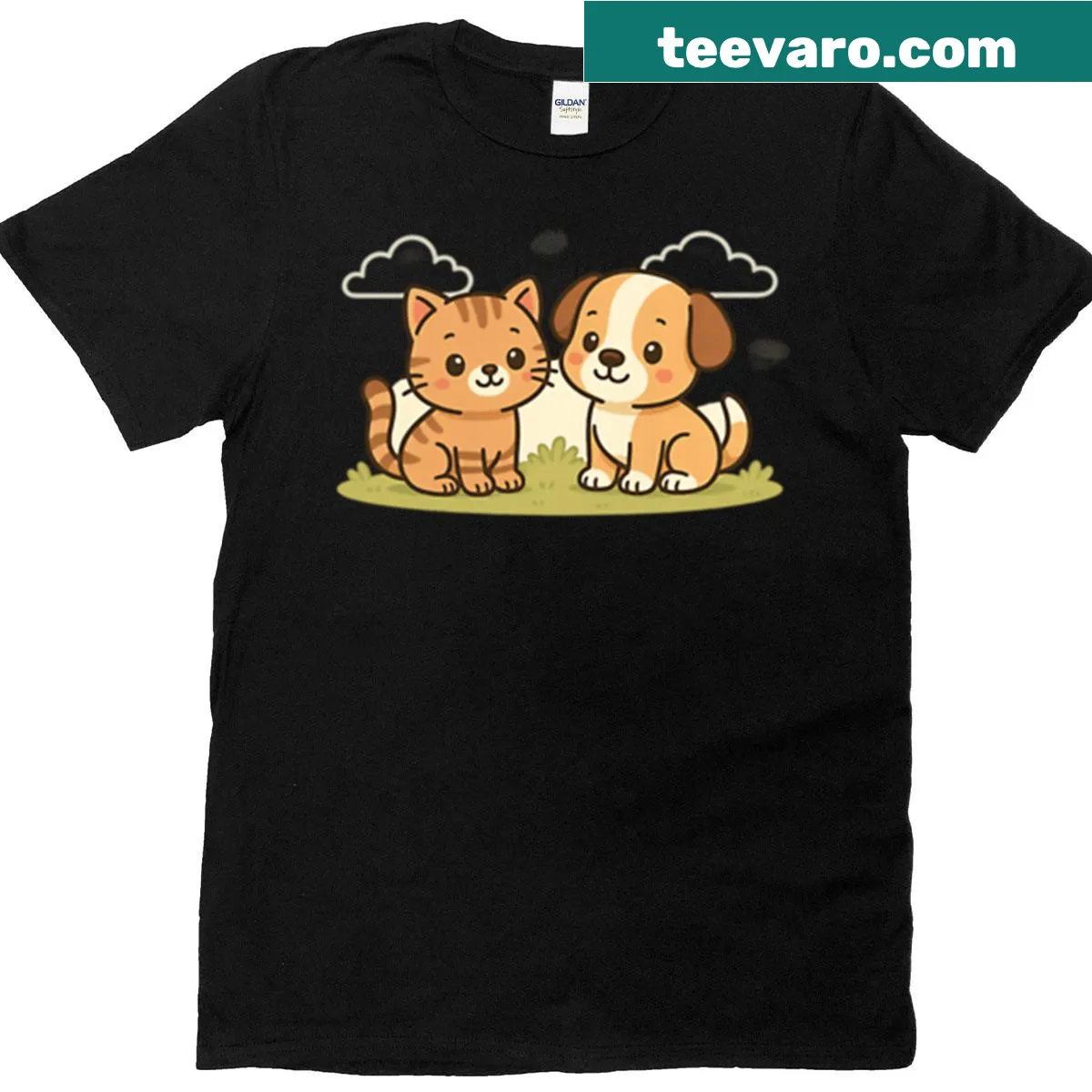 Illustration of a cute kitten and puppy duo on a t-shirt. — on a men's t-shirt