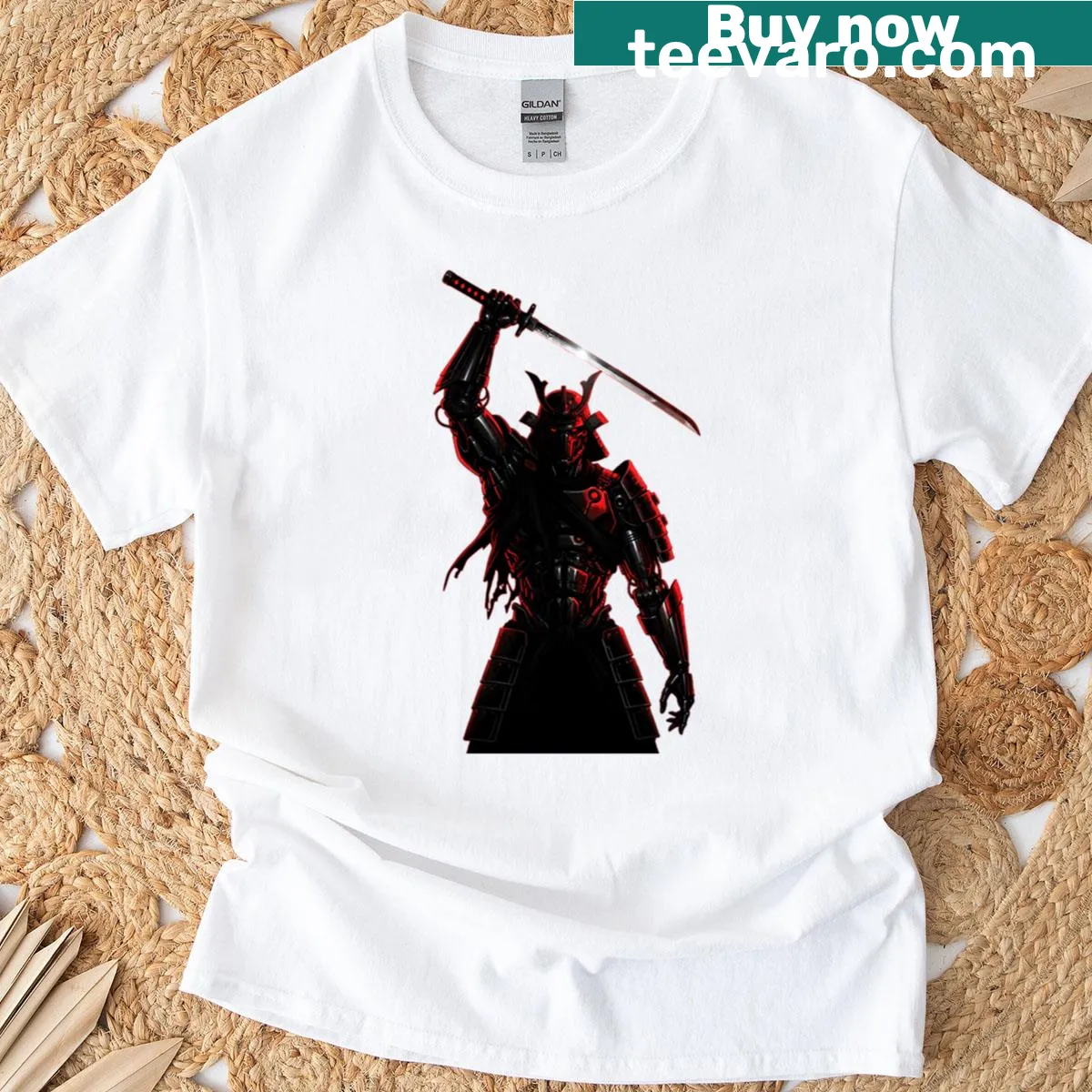 Illustration of a cyber robot red samurai on a T-shirt — on a men's t-shirt