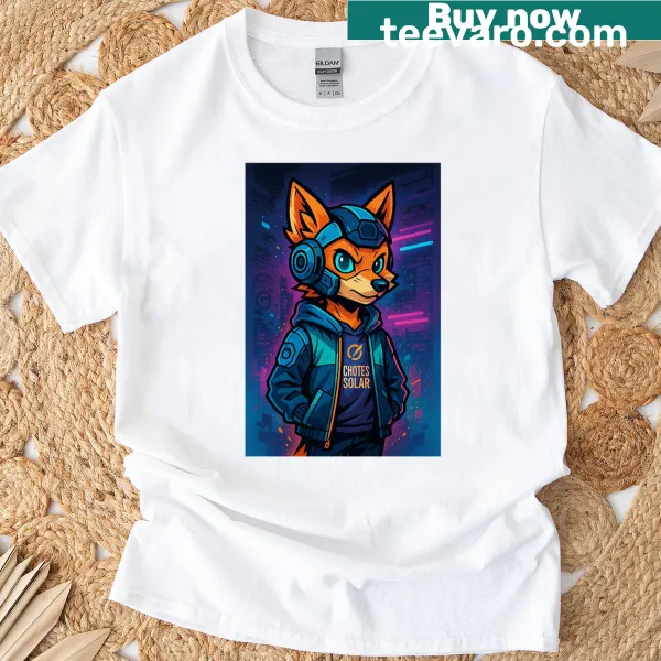 Illustration of a cyber skater fox on a neon-themed T-shirt