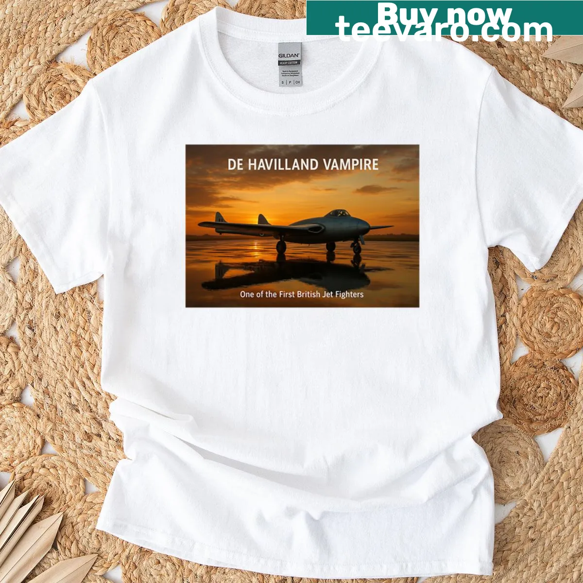 Minimalist De Havilland Vampire typography design on a T-shirt — on a men's t-shirt