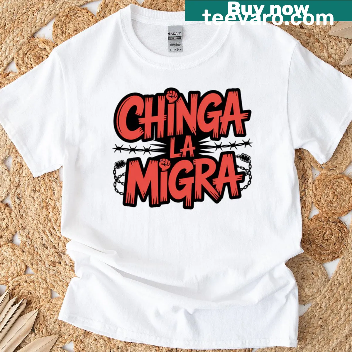 Chinga La Migra graphic tee with bold text design — on a men's t-shirt