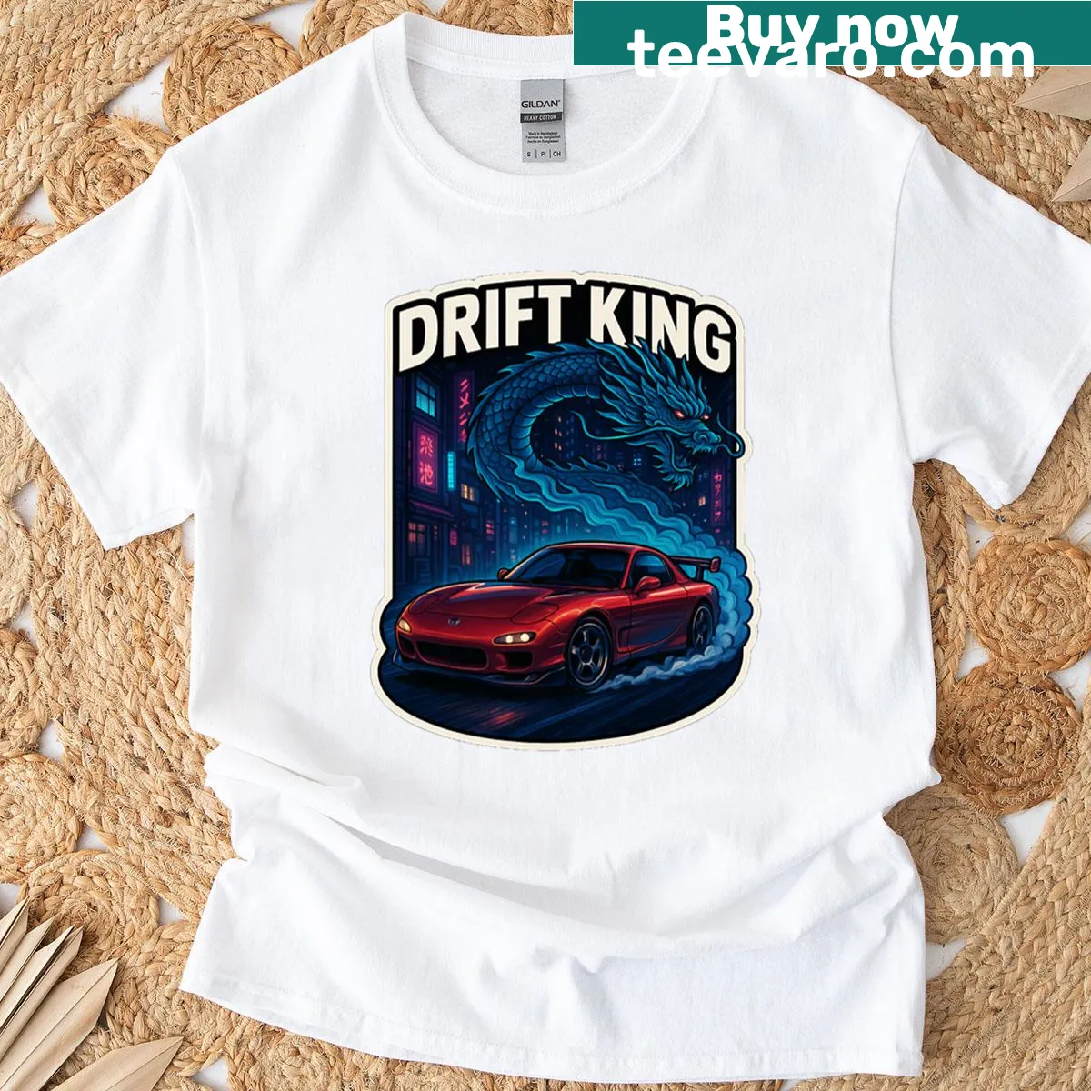 Bold text graphic 'Drift King' celebrating the racing culture — on a men's t-shirt