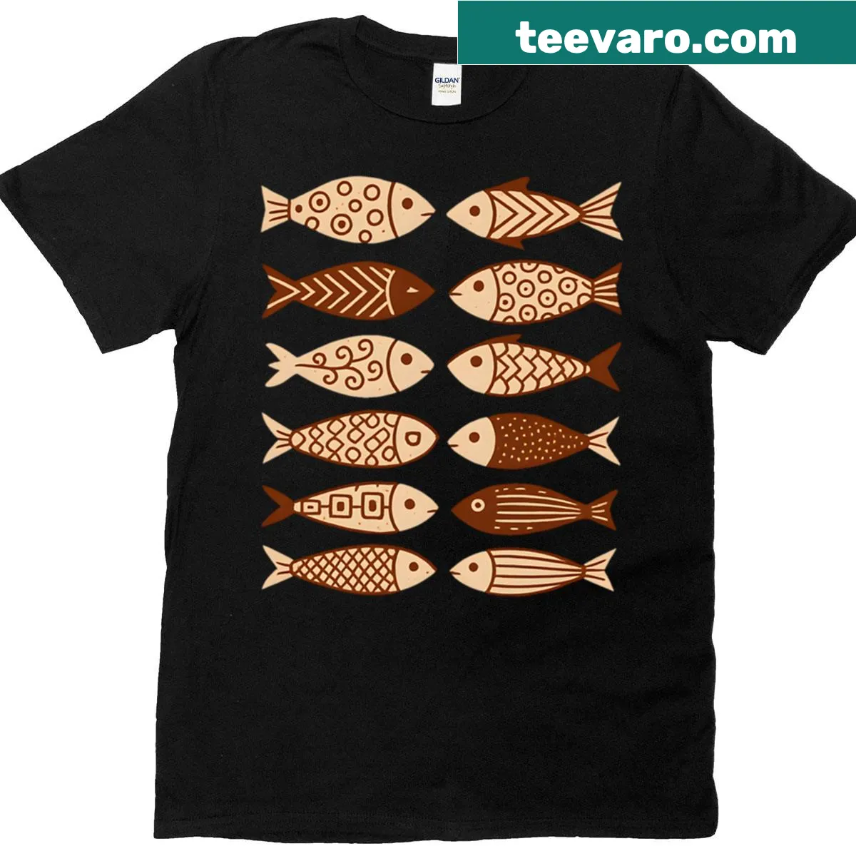 Artistic T-shirt featuring patterned fish representing underwater life — on a men's t-shirt