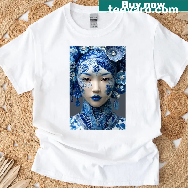 Ceramic inspired portrait T-shirt with elegant illustration.