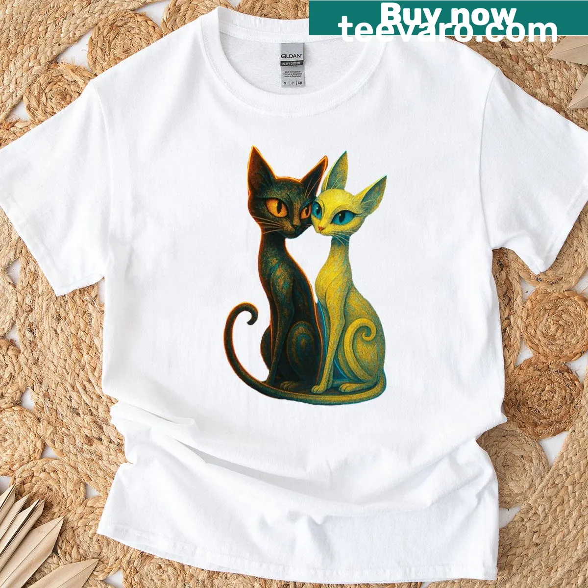 Cute illustration of two cats in a friendly pose in a print design — on a men's t-shirt