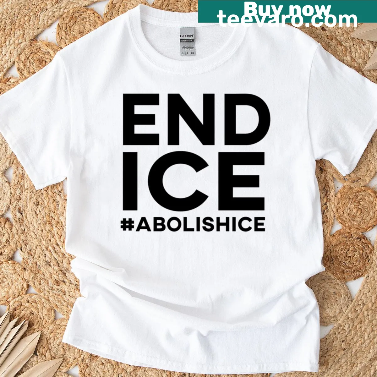 Bold typography reading 'End Ice Abolish Ice' for climate action — on a men's t-shirt