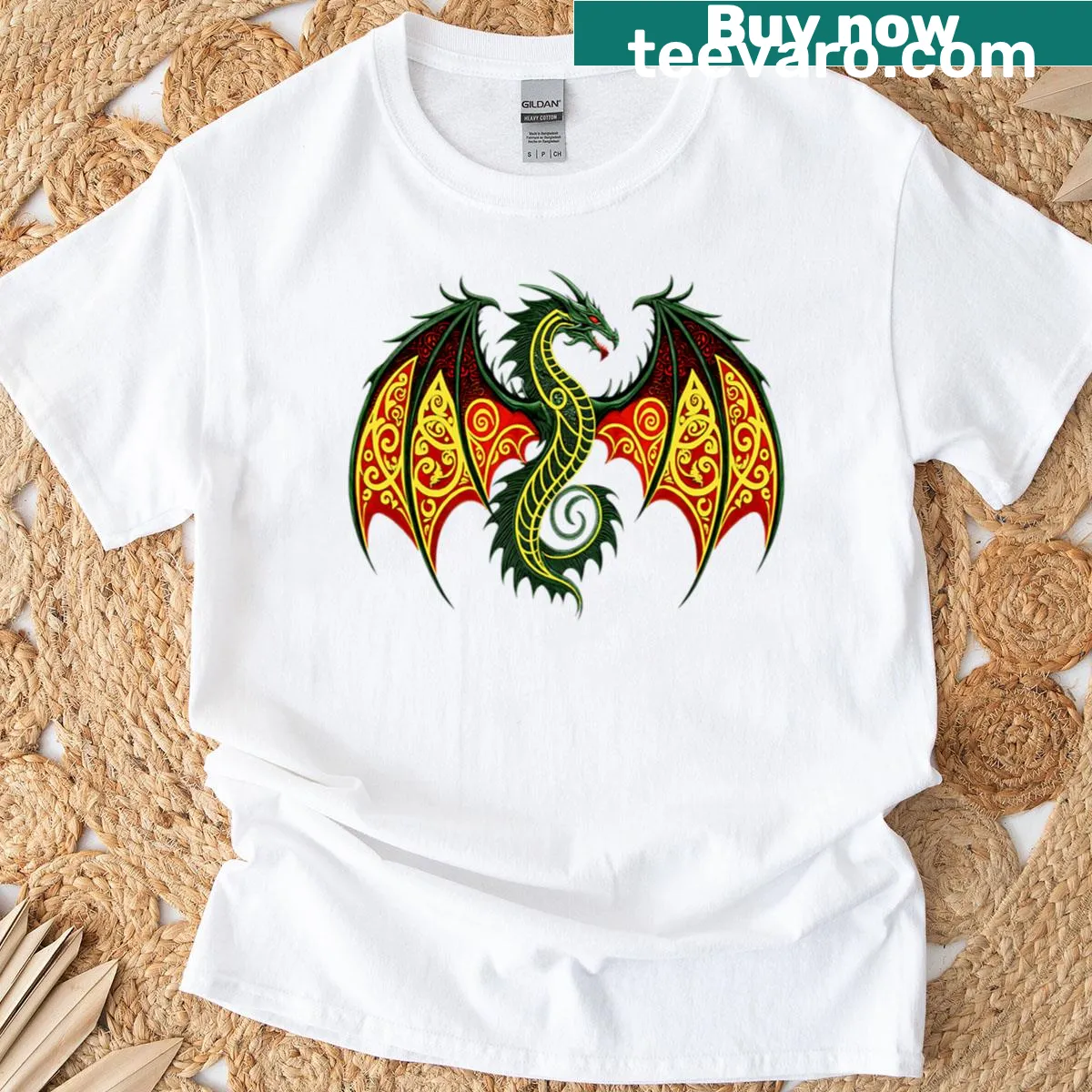 Illustration of a flying dragon with large wings on a t-shirt — on a men's t-shirt