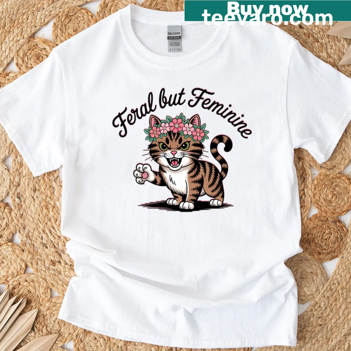 Cute cat design with flower crown in a feminist-themed T-shirt — on a men's t-shirt