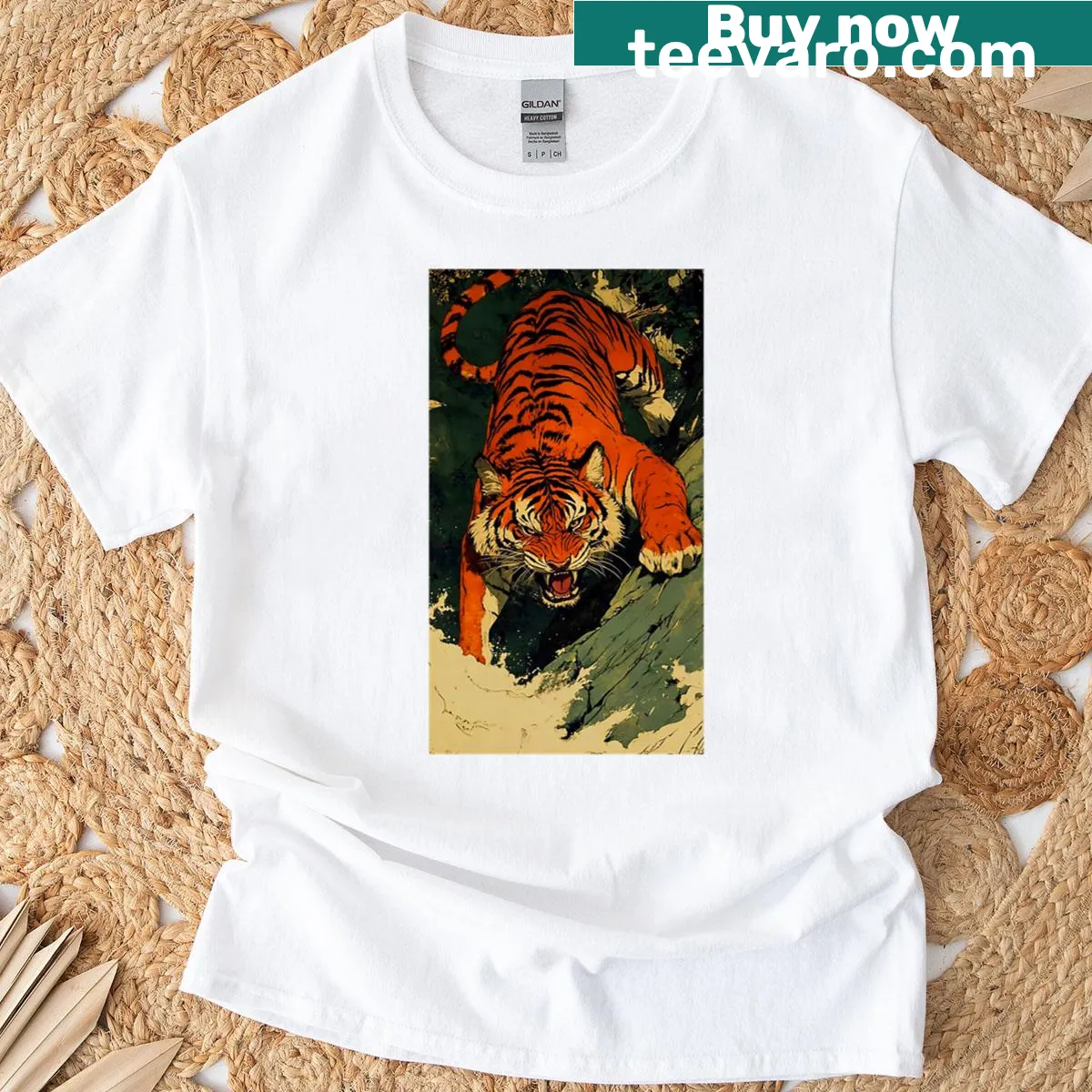 Digital illustration of a fierce tiger on a t-shirt — on a men's t-shirt