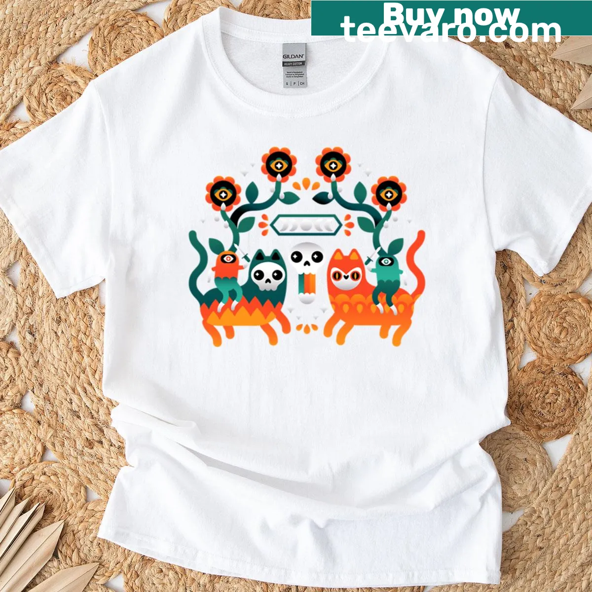 Illustrated t-shirt with cats in mystical warrior attire and occult symbols — on a men's t-shirt