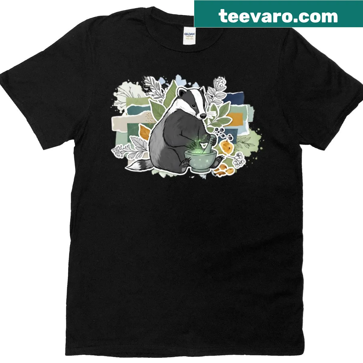 Whimsical badger graphic among forest herbs on a T-shirt — on a men's t-shirt