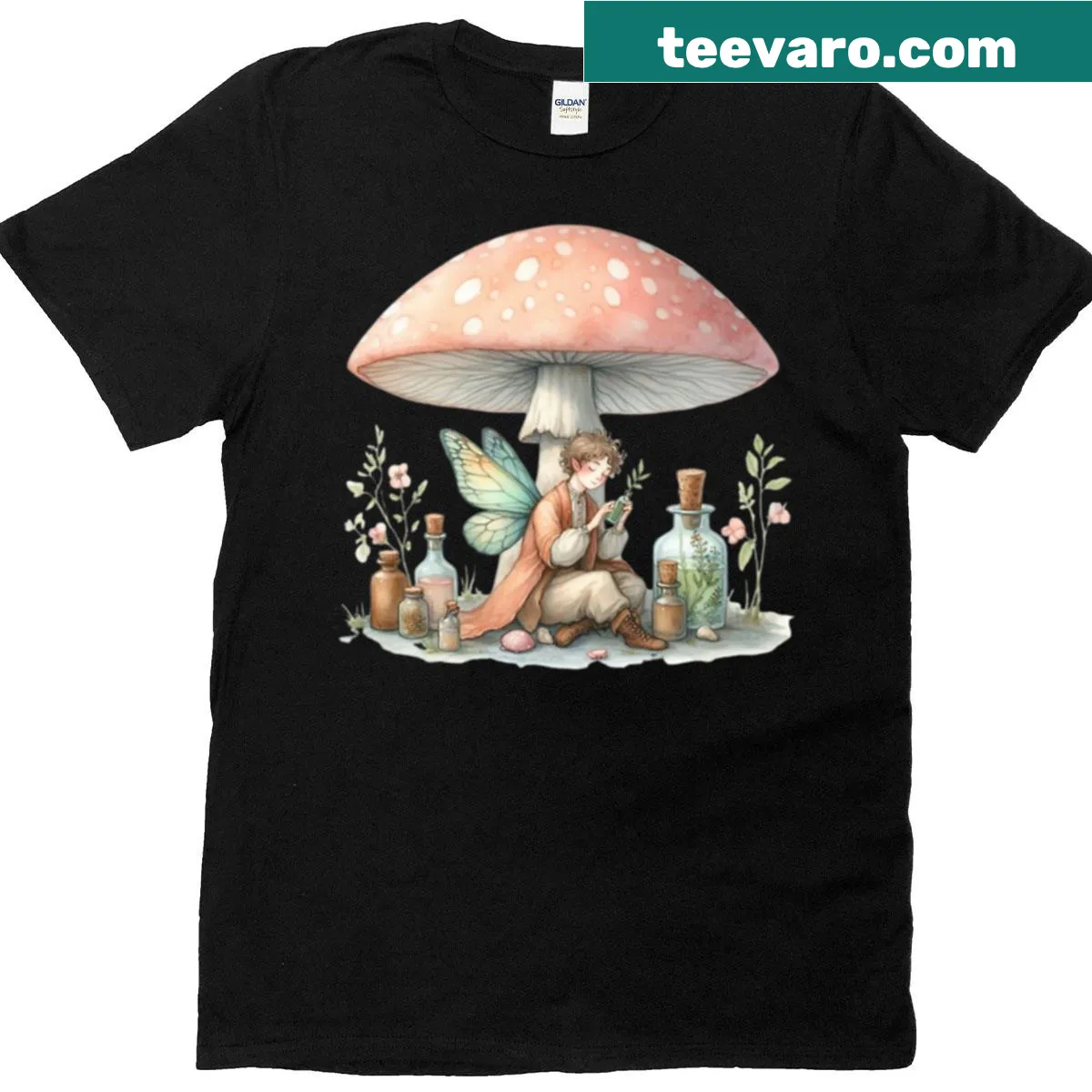 Watercolor fairy illustration in a forest setting on T-shirt — on a men's t-shirt