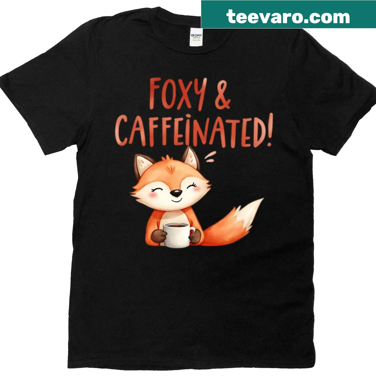 Cute cartoon fox with a coffee cup on a T-shirt — on a men's t-shirt