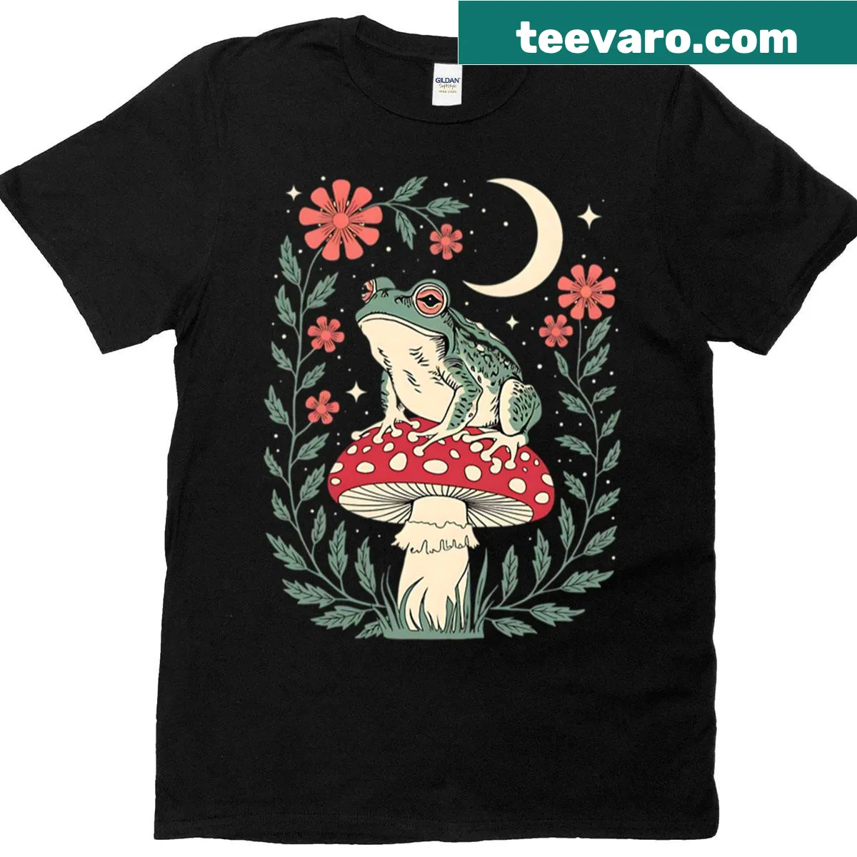 Illustration of a glowing frog on a lily pad under the moon — on a men's t-shirt