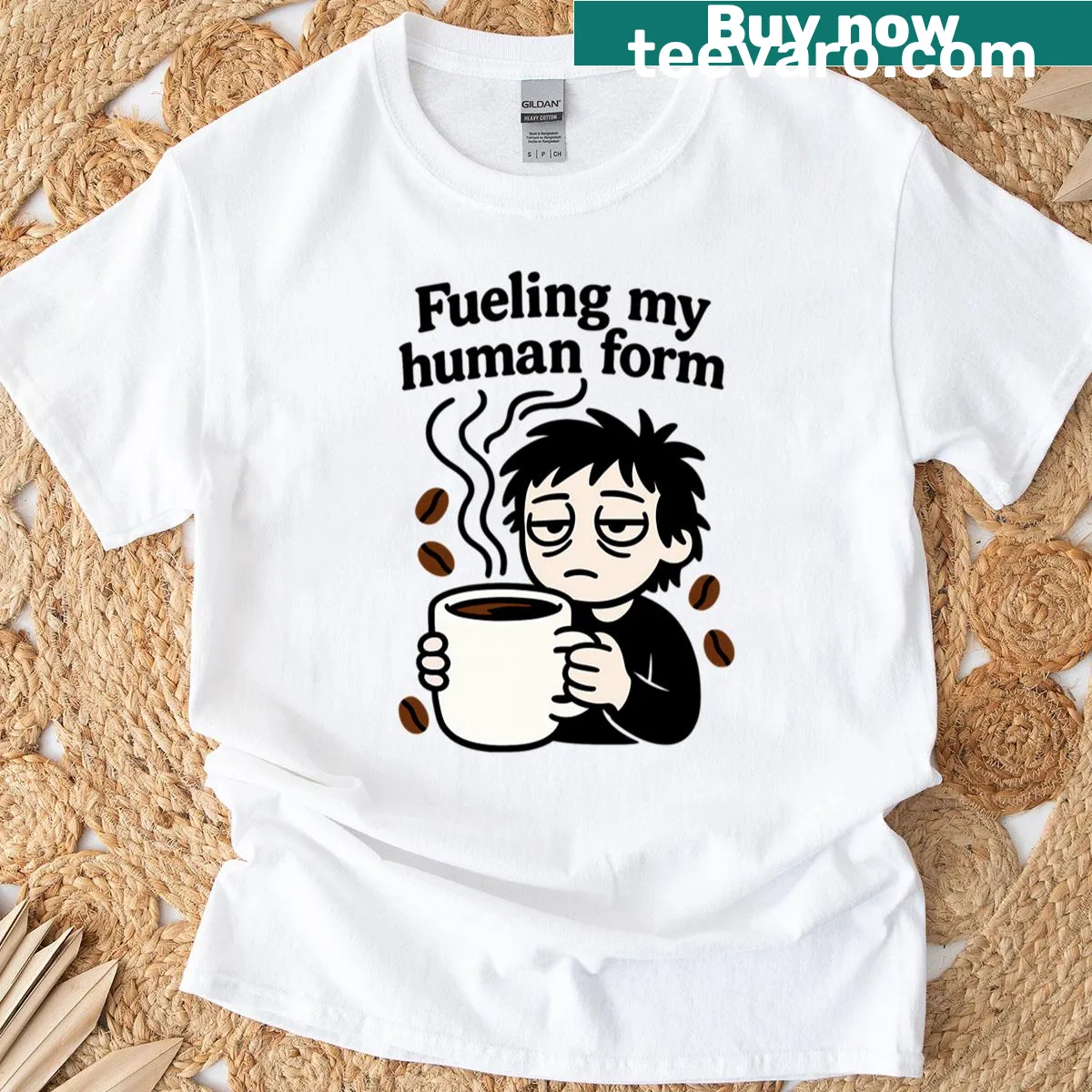 Funny T-shirt with coffee-themed illustration and text — on a men's t-shirt