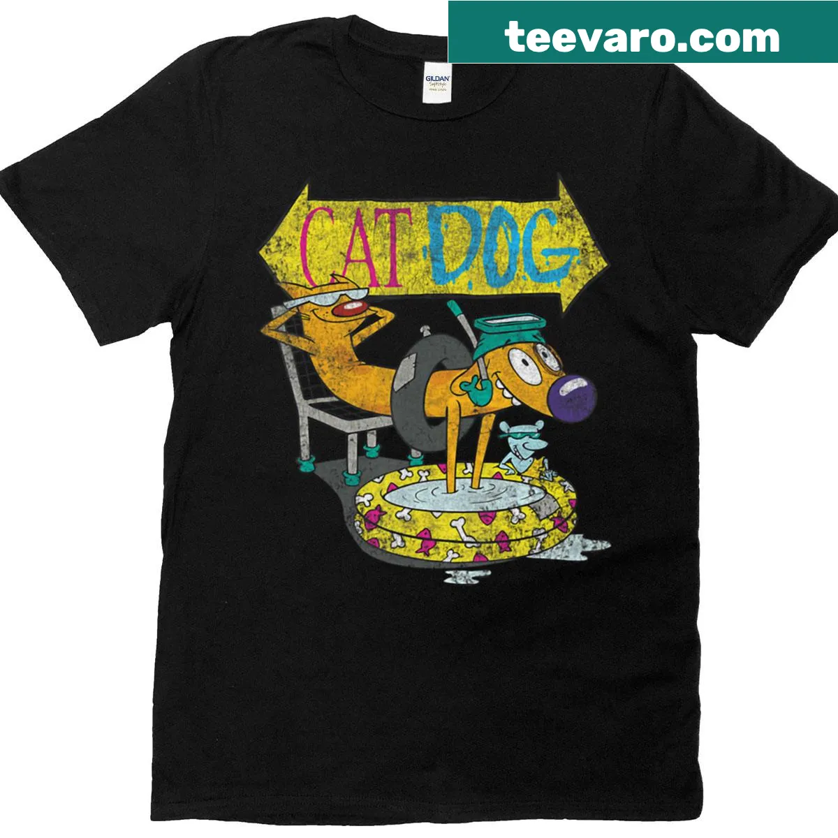 Cartoon vintage-style T-shirt featuring chill dog and cat memes — on a men's t-shirt
