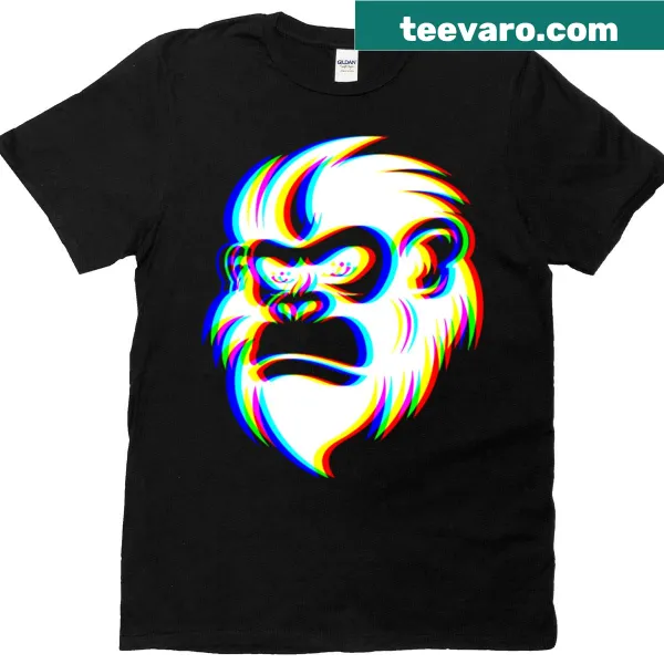 Playful monkey graphic with glitch effects on a t-shirt