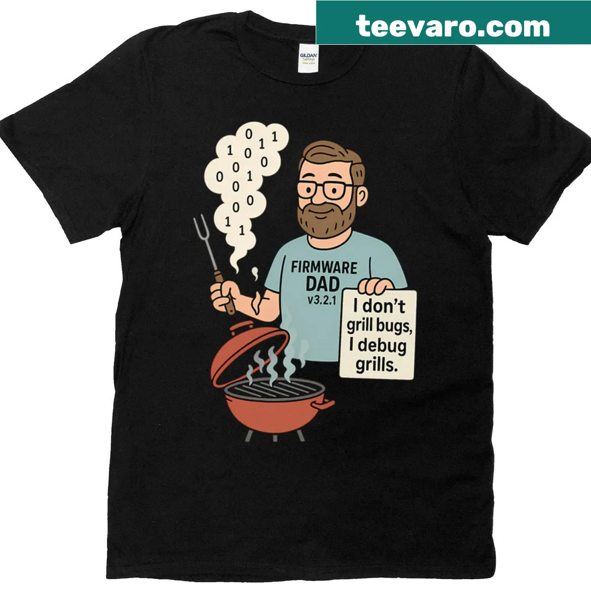 Humorous shirt for tech dads featuring BBQ and debugging theme — on a men's t-shirt