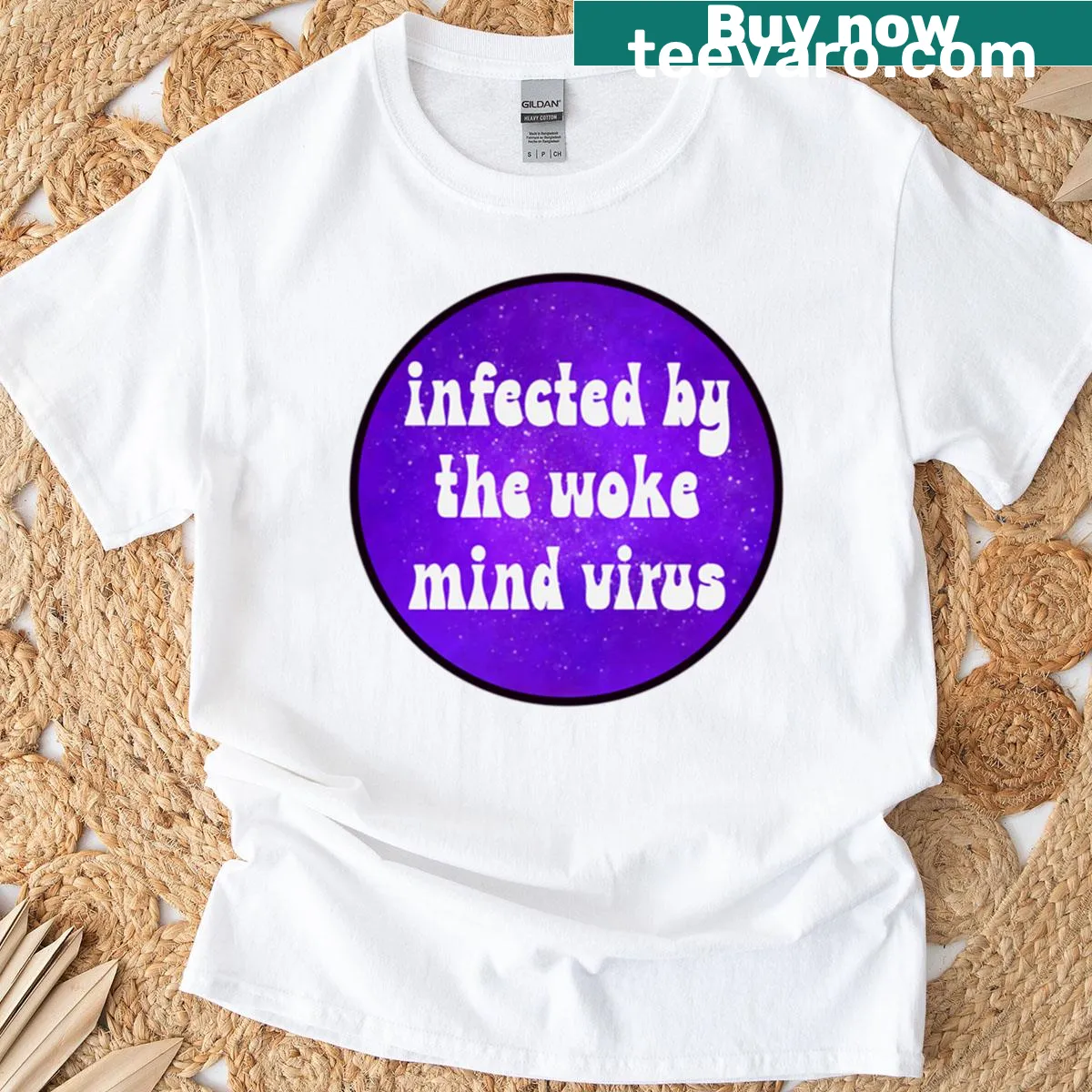 Edgy design t-shirt featuring galaxy and woke mind virus theme — on a men's t-shirt