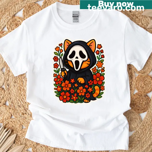 Ghostface illustrated with floral accents on a cat-themed t-shirt