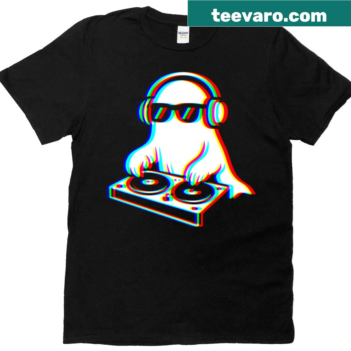 Retro T-shirt with a glitch DJ ghost design and Halloween vibe — on a men's t-shirt