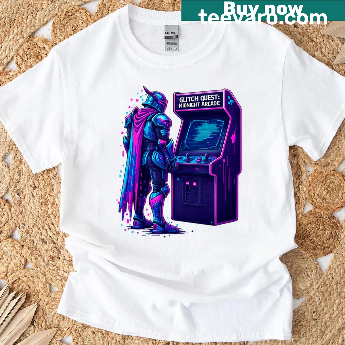 Glitch knight graphic design on a playful gaming T-shirt — on a men's t-shirt
