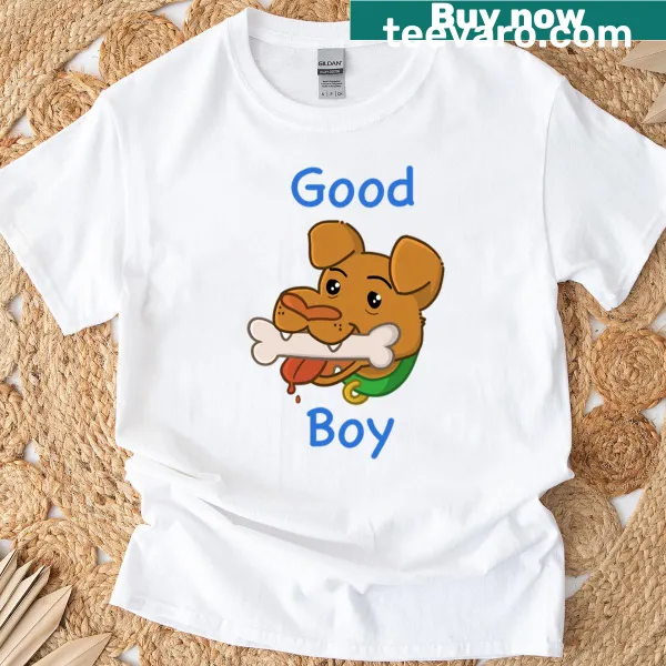 Illustration of a ginger dog with 'Good Boy' text on a t-shirt