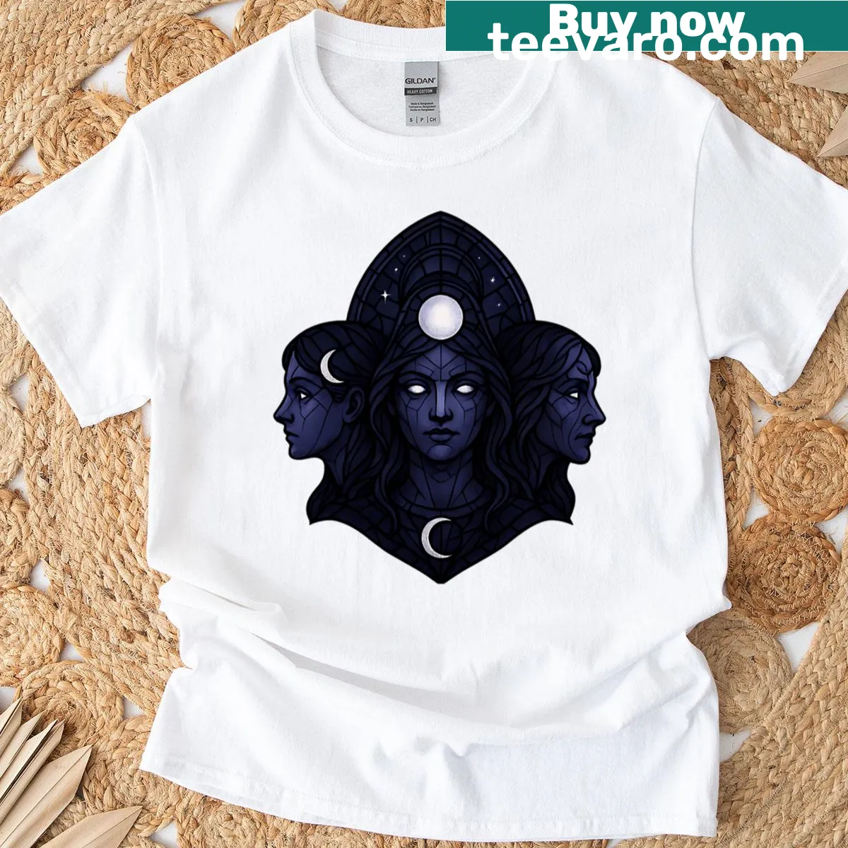 Illustration of the Gothic Moon Goddess in triple goddess art on a t-shirt — on a men's t-shirt