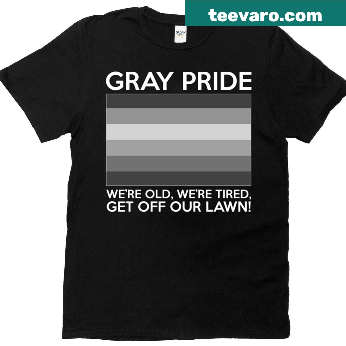 Bold T-shirt with the text 'Get Off Our Lawn' for dads — on a men's t-shirt
