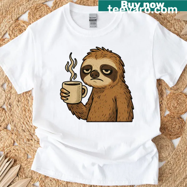 Grumpy sloth holding a coffee cup in a humorous illustration