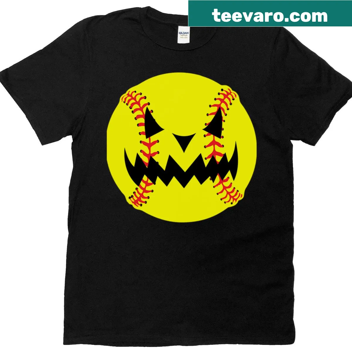 Pumpkin jack-o'-lantern with a softball theme for Halloween — on a men's t-shirt