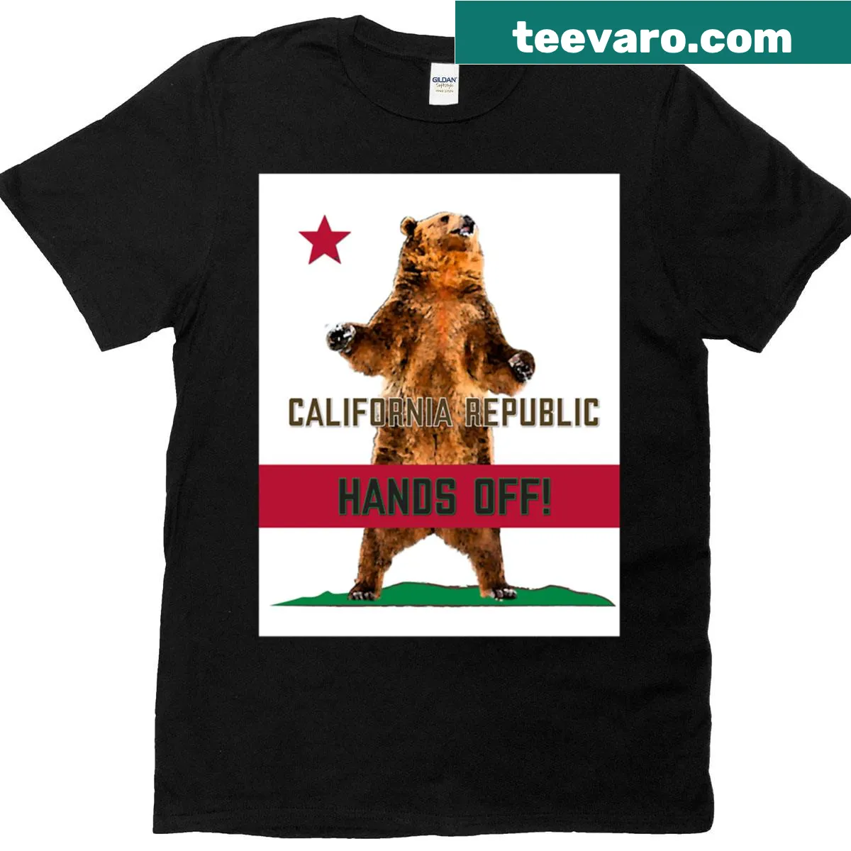 California pride t-shirt with 'Hands Off California' text — on a men's t-shirt