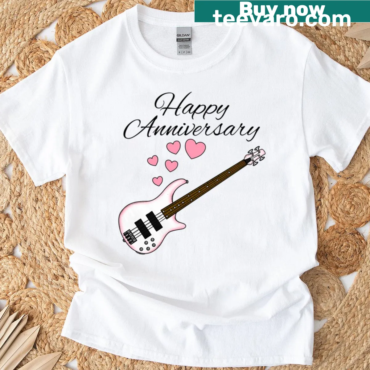 Anniversary t-shirt featuring a bass guitar graphic — on a men's t-shirt