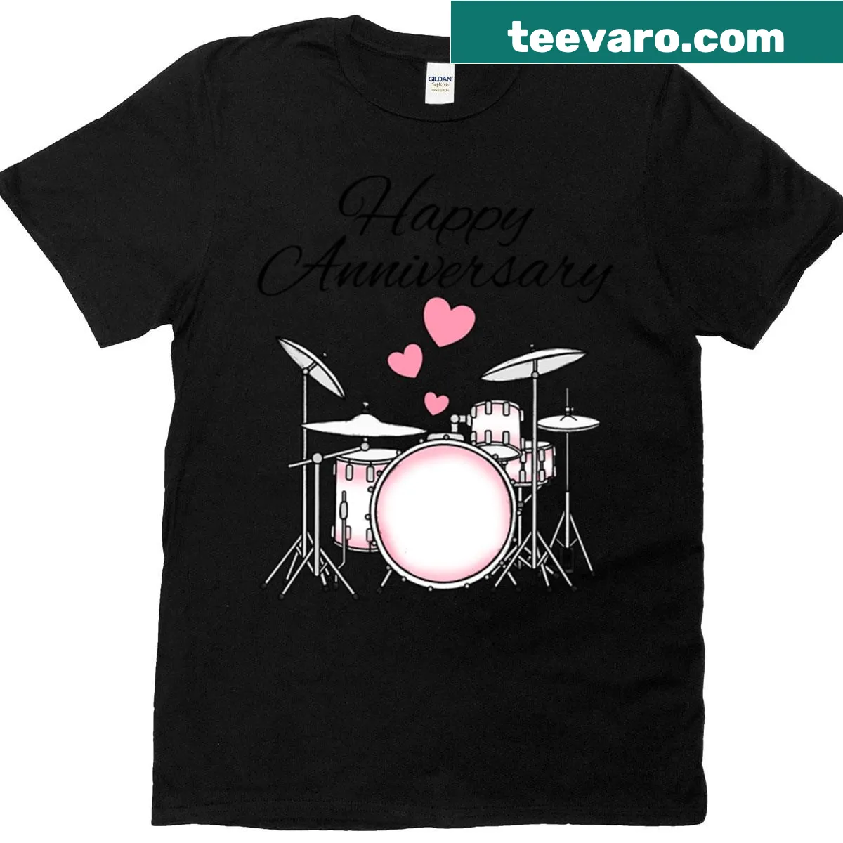 Anniversary t-shirt featuring a drum kit illustration — on a men's t-shirt