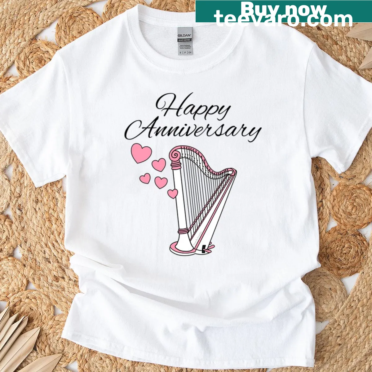 Anniversary t-shirt featuring a harp graphic — on a men's t-shirt