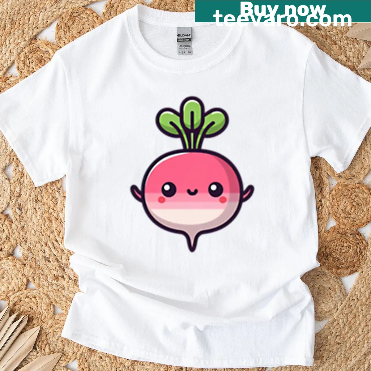 Cute cartoon radish graphic on T-shirt — on a men's t-shirt