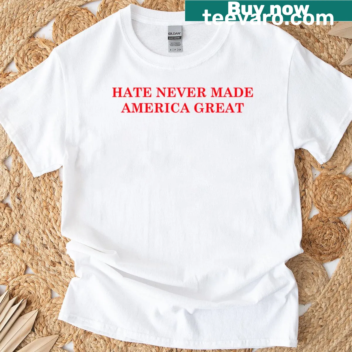 Bold typography T-shirt with the text 'Hate Never Made America Great' — on a men's t-shirt